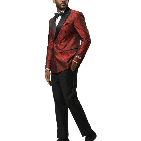 Red Double Breasted Satin Peak Lapel Streak Pattern Men's Jacket